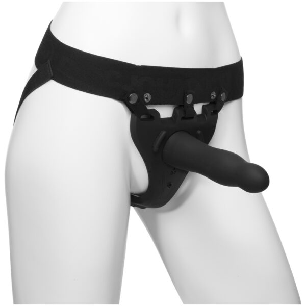Body Extensions Be Aroused 2-Piece Set Rechargeable Vibrating Silicone Harness with 7" Bulbed Dong Black - Image 2