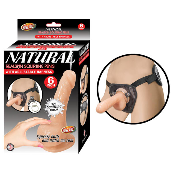 Natural Realskin Squirting Penis W/Adjustable Harness 6" White