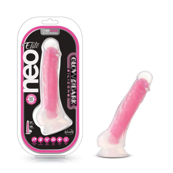 Neo Elite Glow In The Dark 7.5" Silicone Dual Density Cock With Balls Neon Pink