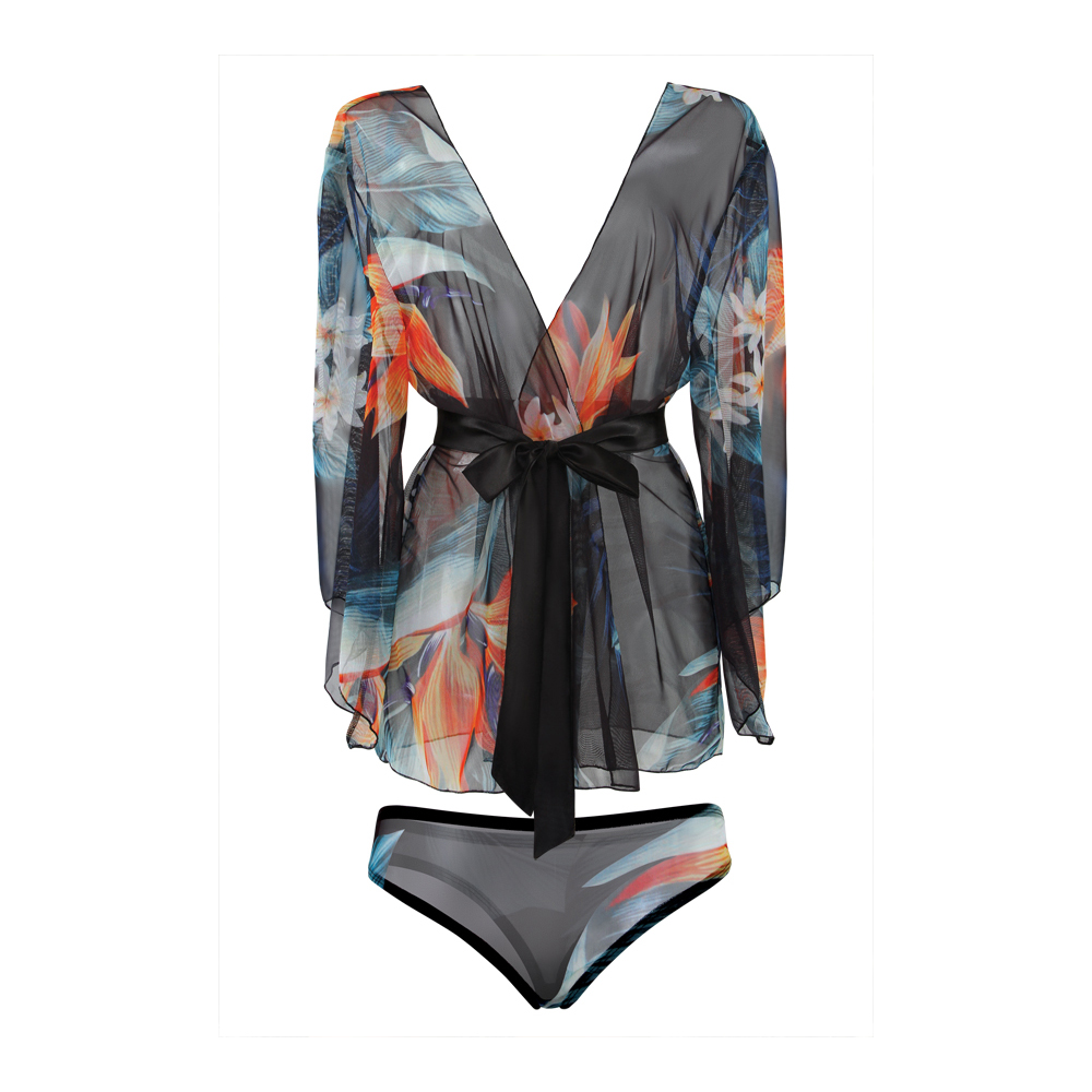 Bahama Mama Tropical Print Mesh Kimono & Panty - 1X/2X (Garment Only - No Box) 2 Bahama Mama Tropical Print Mesh Kimono & Panty - 1X/2X (Garment Only - No Box) - Image 2