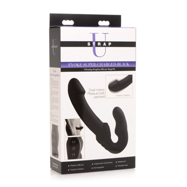 Strap U Evoke Super Charged Black Vibrating Strapless Silicone Dildo