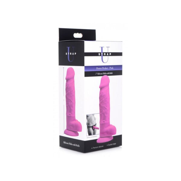 Strap U Power Pecker 7" Silicone Dildo With Balls Pink