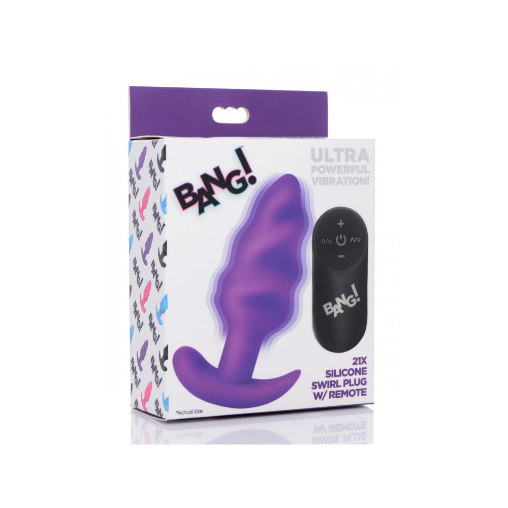 Bang! 21X Vibrating Silicone Swirl Butt Plug W/ Remote Control Purple 1 Bang! 21X Vibrating Silicone Swirl Butt Plug W/ Remote Control Purple