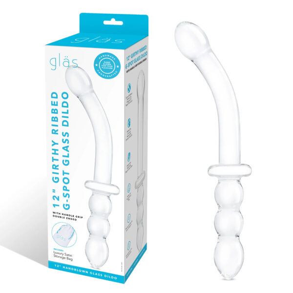 Glas 12" Girthy Ribbed G-Spot Glass Dildo With Handle Grip Double Ended