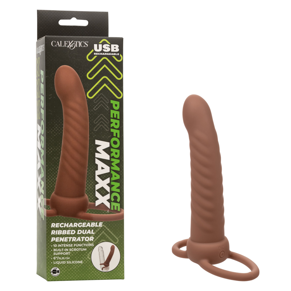 Performance Maxx Rechargeable Ribbed Dual Penetrator Brown 1 Performance Maxx Rechargeable Ribbed Dual Penetrator Brown