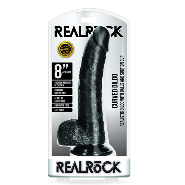Curved Realistic Dildo With Balls And Suction Cup 8'' Black