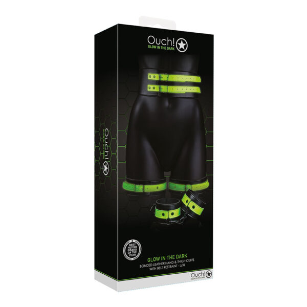 Ouch! Thigh Cuffs With Belt And Handcuffs Glow In The Dark L/Xl