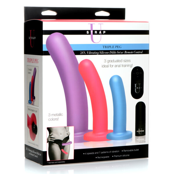 Strap U Triple Peg 28X Vibrating Silicone Dildo Set W/ Remote
