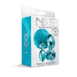 Nixie Metal Butt Plug Set Pom Pom And Jewel Inlaid Blue Metallic