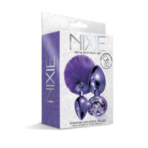 Nixie Metal Butt Plug Set Pom Pom And Jewel Inlaid Purple Metallic