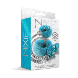 Nixie Metal Butt Plug & Furry Cuff Set Medium Blue Metallic