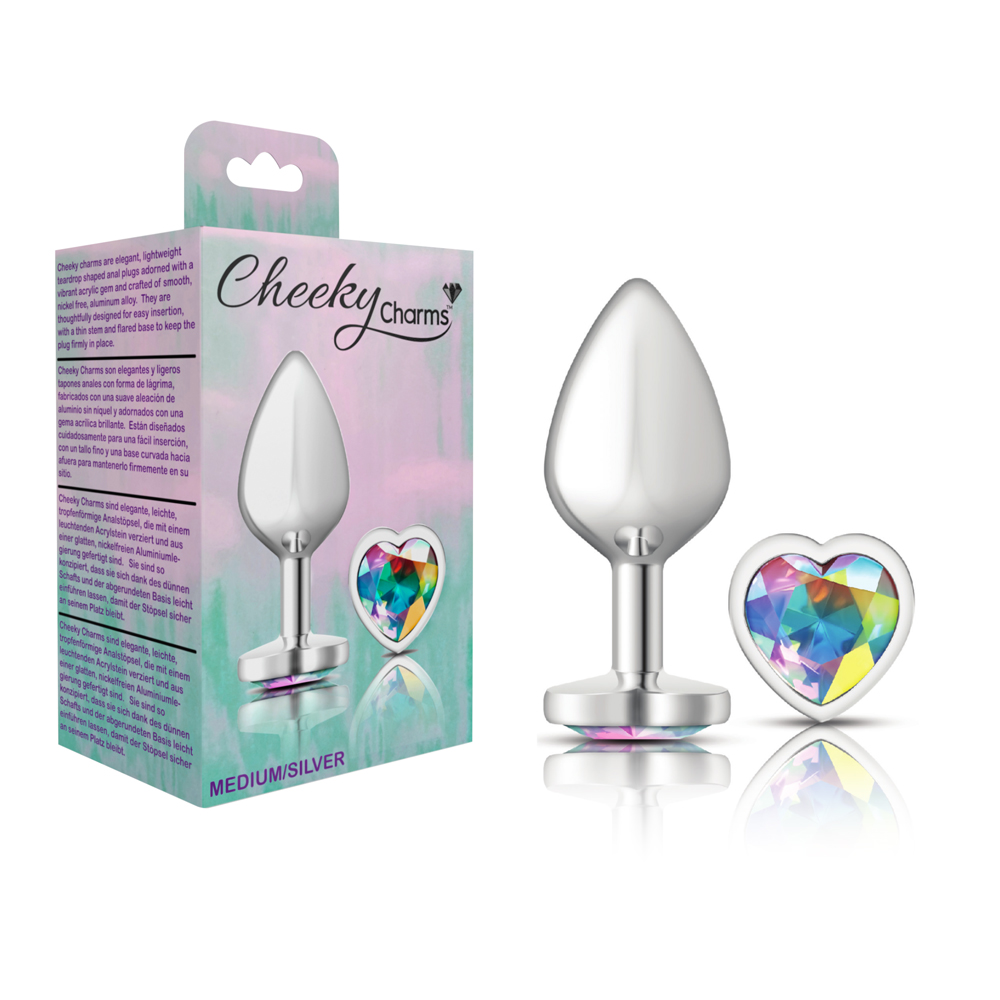 Cheeky Charms Metal Butt Plug Silver Heart Clear Iridescent Medium 1 Cheeky Charms Metal Butt Plug Silver Heart Clear Iridescent Medium