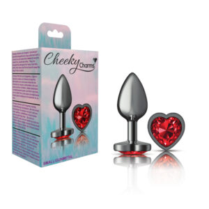 Cheeky Charms Metal Butt Plug Gunmetal Heart Deep Red Small
