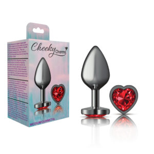 Cheeky Charms Metal Butt Plug Gunmetal Heart Deep Red Medium