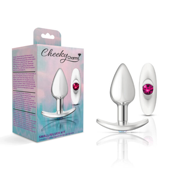 Cheeky Charms Metal Butt Plug Silver Anchor Kit Clear Iridescent/Bright Pink
