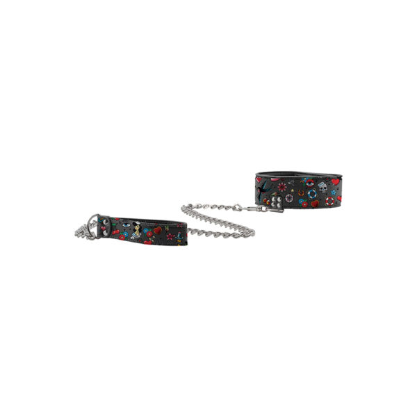 Ouch! Printed Collar With Leash Old School Tattoo Style Black - Image 2
