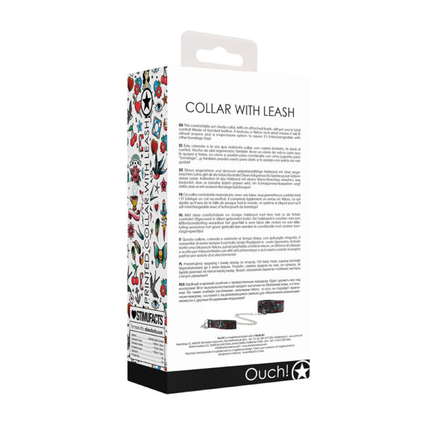 Ouch! Printed Collar With Leash Old School Tattoo Style Black - Image 3