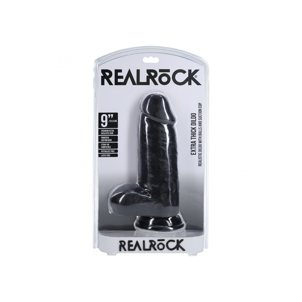 Realrock Extra Thick Realistic Dildo With Balls 9" Black 1 Realrock Extra Thick Realistic Dildo With Balls 9" Black