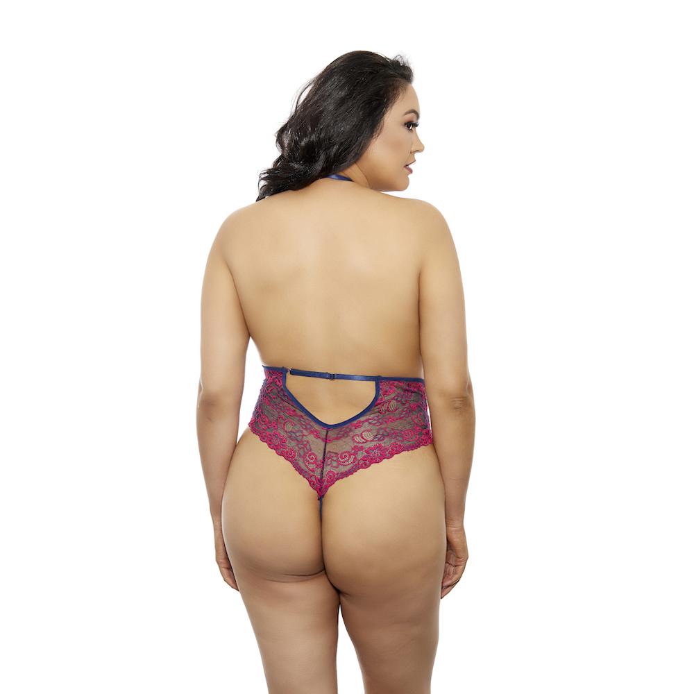 Two Tone Lacy Bodysuit Plus Size Fuchsia 2 Two Tone Lacy Bodysuit Plus Size Fuchsia - Image 2
