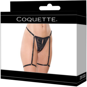 Coquette Thong With Attached Garters Black Small