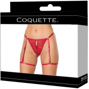 Coquette Thong With Attached Garters Red Large