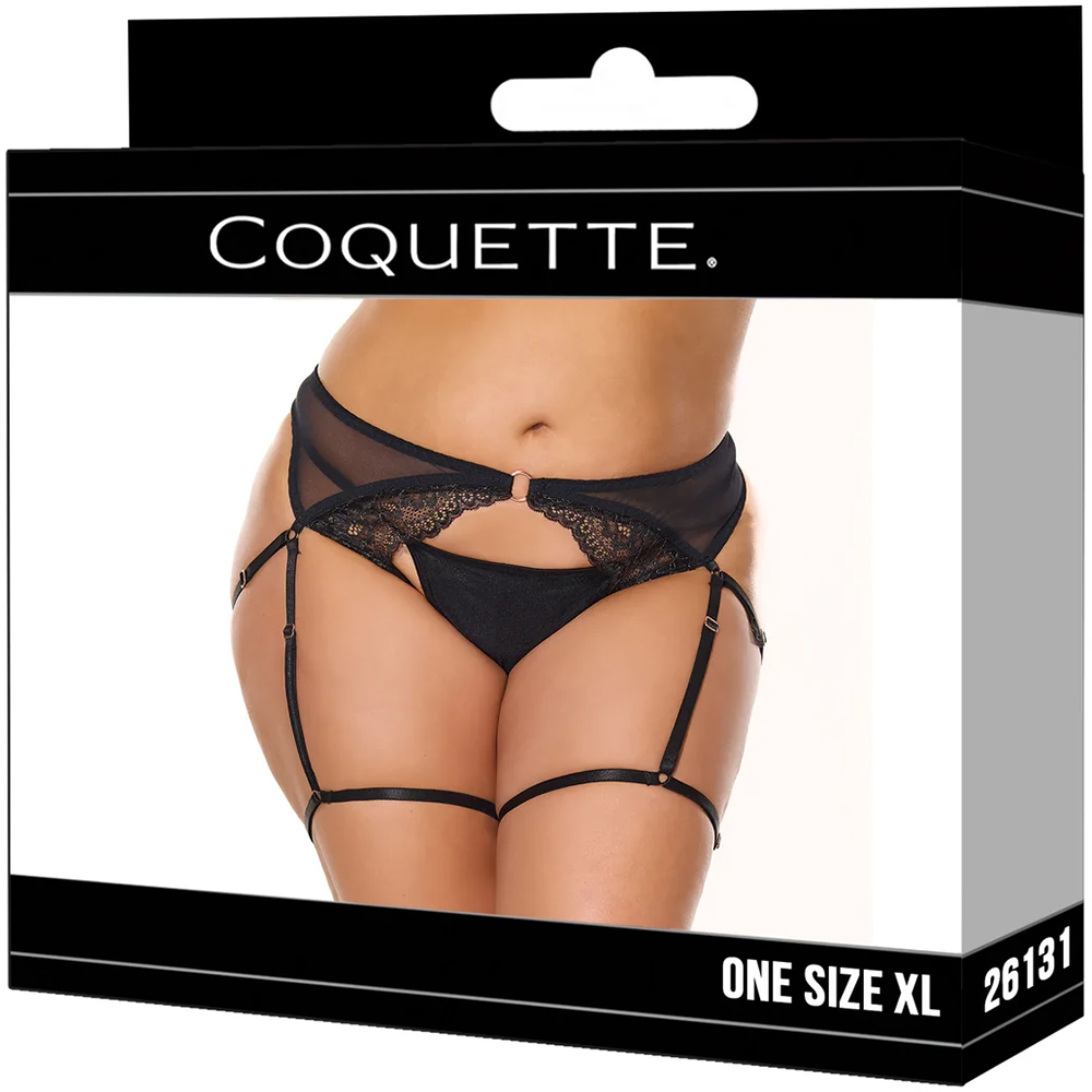 Coquette Crotchless Panty With Leg Garters Black XL 1 Coquette Crotchless Panty With Leg Garters Black XL