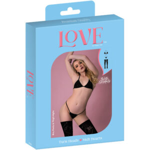 Love Rhinestone Crystal Bra, Panty & Thigh Highs Black One Size
