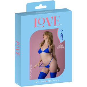 Love Rhinestone Crystal Bra, Panty & Thigh Highs Blue One Size
