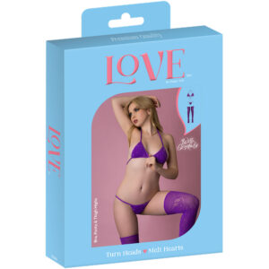 Love Rhinestone Crystal Bra, Panty & Thigh Highs Violet One Size