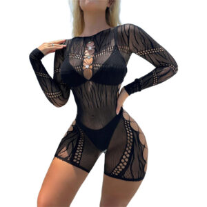 Black Pearl Long Sleeve Mesh Romper With Side Cut Outs Black