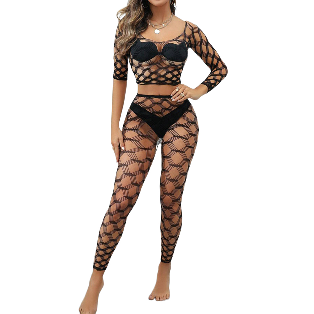 Black Pearl 2-Piece Hexagon Lace Crop Top With Leggings Black 2 Black Pearl 2-Piece Hexagon Lace Crop Top With Leggings Black - Image 2